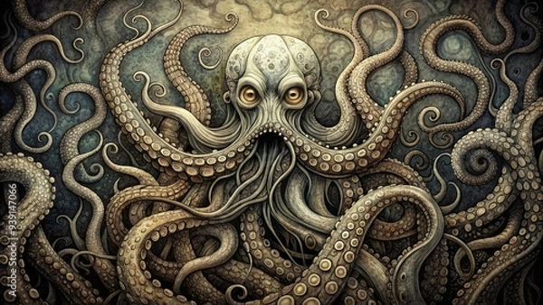 Fototapeta Intricately drawn tentacles twist and curl in a whimsical, hand-drawn sketch, blending eerie darkness with playful, expressive lines and subtle texture.