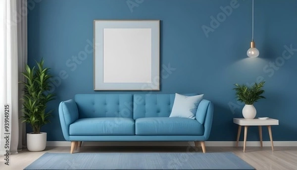 Fototapeta Interior mockup In a white room a blue sofa is placed next to a photo frame on the wall