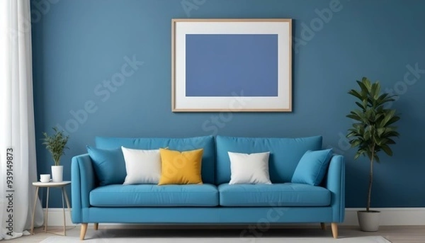 Fototapeta Interior mockup In a white room a blue sofa is placed next to a photo frame on the wall