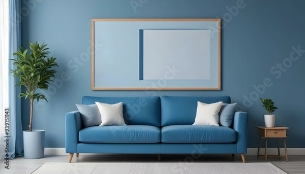 Fototapeta Interior mockup In a white room a blue sofa is placed next to a photo frame on the wall