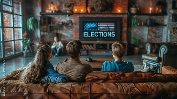 Fototapeta A family sits comfortably on a stylish couch, intently watching election updates on a large screen, surrounded by warm decor and a relaxed atmosphere
