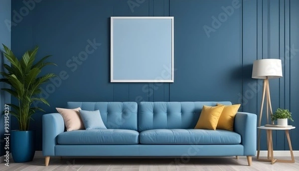 Fototapeta Interior mockup In a white room a blue sofa is placed next to a photo frame on the wall