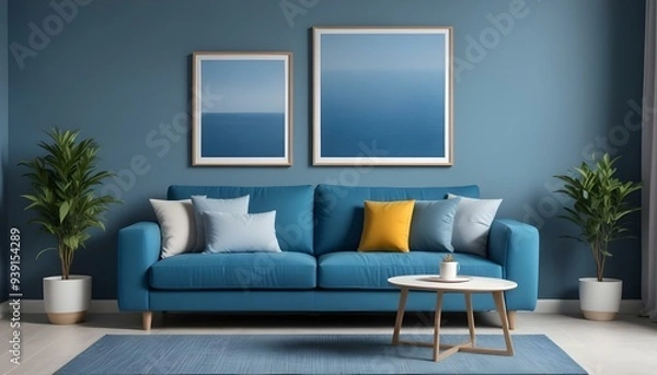 Fototapeta Interior mockup In a white room a blue sofa is placed next to a photo frame on the wall