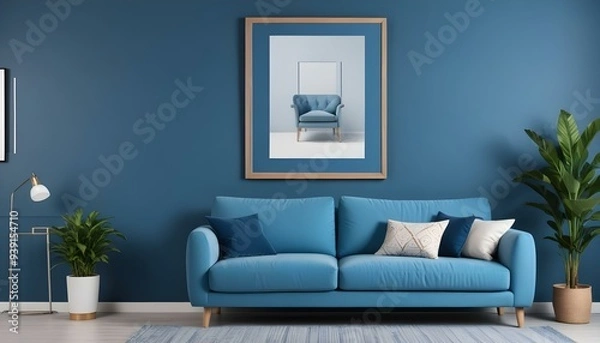 Fototapeta Interior mockup In a white room a blue sofa is placed next to a photo frame on the wall