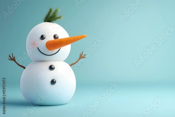 Fototapeta  3d cartoon Happy snowman wearing a scarf and hat isolated on blue background