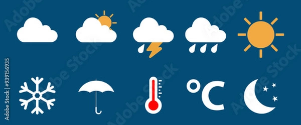 Fototapeta Modern weather icons set. Flat vector symbols on blue background.