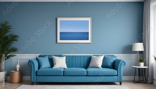 Fototapeta Interior mockup In a white room a blue sofa is placed next to a photo frame on the wall