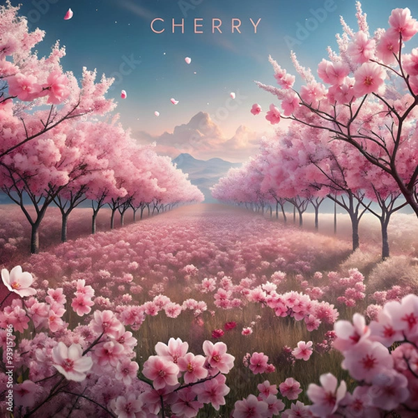 Obraz a field of pink flowers with the word cherry on th