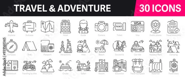 Fototapeta Travel and Adventure Outline Vector Icon Collection. A set of outline icons related to summer vacation, tourism, hotel, airplane, trip, passport, camping and more. Editable stroke. Vector illustration
