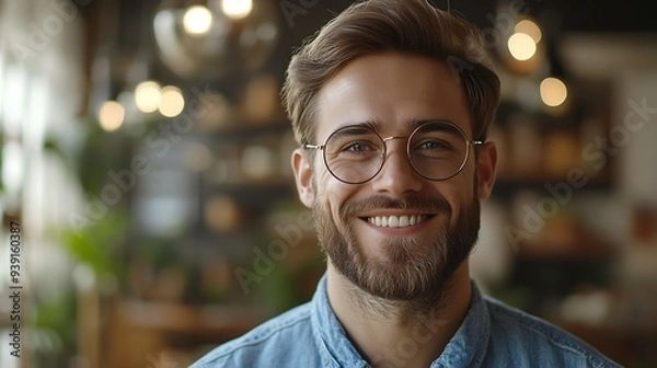 Fototapeta Close up shot of cheerful satisfied attractive male with stubble has broad smile wears round spectacles rejoices success at work stands against cozy interior Fashionable designer glad  : Generative AI