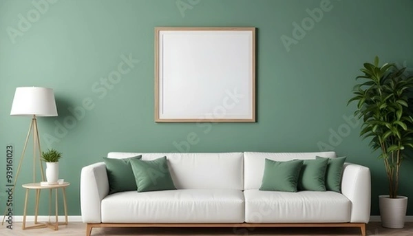 Fototapeta Interior mockup In a white room a blue sofa is placed next to a photo frame on the wall