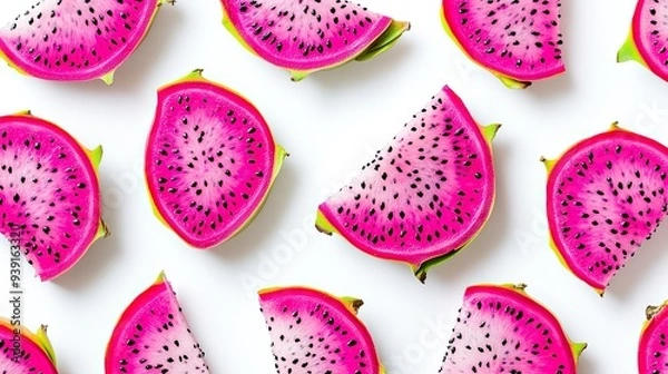 Fototapeta A bright and colorful dragon fruit slice pattern on a white background, creating a bold and eye-catching visual perfect