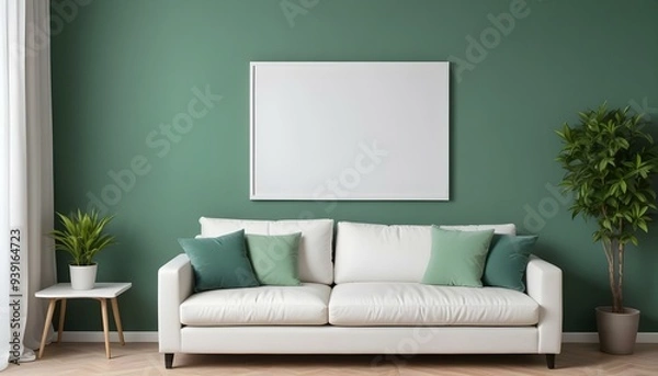 Fototapeta Interior mockup In a white room a blue sofa is placed next to a photo frame on the wall