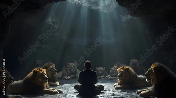 Fototapeta Biblical representation of Daniel in the lions' den, illustrating his unwavering faith and God's divine protection in a powerful religious scene central to Christianity's message of trust and delivera