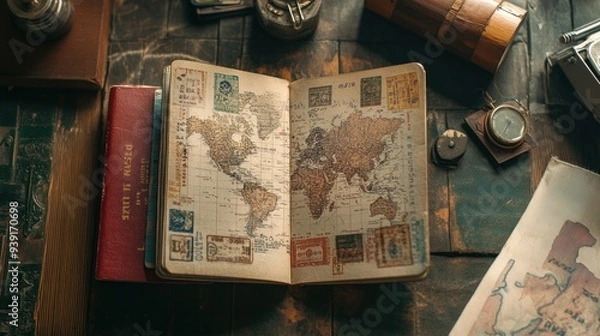 Fototapeta Open Vintage Passport with World Map and Stamps