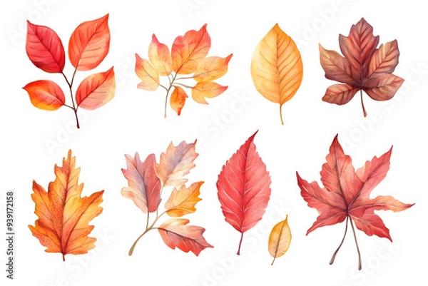 Fototapeta Watercolor autumn yellow leaves and plants collection isolated on white background
