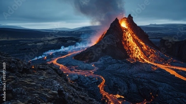 Fototapeta Hot volcano with lava leaks in evening landscape. Neural network ai generated art