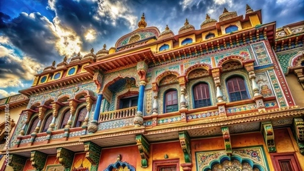 Fototapeta Ornate Facade Of A Traditional Indian House Featuring Intricate Carvings And Vivid Colors Against A Cloudy Blue Sky In The Distance
