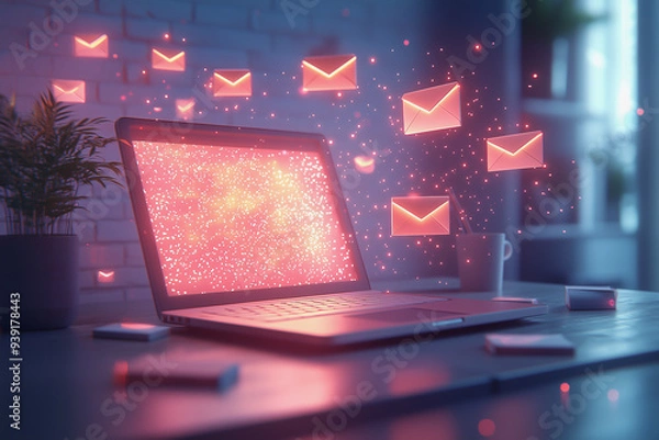 Fototapeta Email icons floating around a laptop in a warm, cozy home office setting
