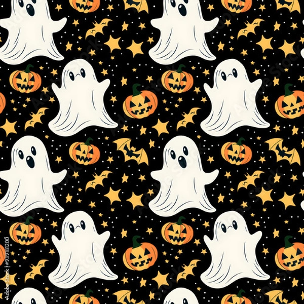 Fototapeta spooky white ghost and pumpkin halloween seamless pattern on a black background 