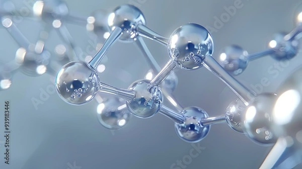 Fototapeta Abstract close-up of a metallic molecule model, showcasing its intricate structure with reflective spheres and connecting rods against a soft gray background.