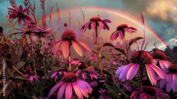Fototapeta A vibrant field of purple coneflowers basking in the glow of a rainbow.