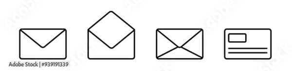 Fototapeta Set of black outline mail contact icon. Email and letter icon. Vector illustration for website.