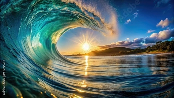 Fototapeta Serenely curved ocean wave forms a perfect circle, glistening with sunlight and surrounded by calm turquoise waters, evoking a sense of harmony and peacefulness.