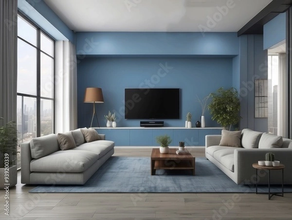 Obraz Modern living room with grey sofas and blue walls, featuring a large window overlooking a city skyline.