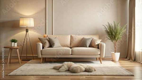 Obraz Soft beige sofa sits amidst calming cream-toned walls, plush area rug, and delicate floor lamp, exuding warm serenity in this cozy modern interior design.