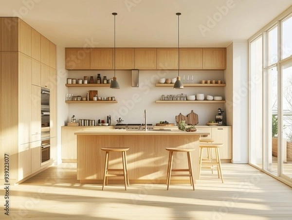 Fototapeta A kitchen with a wooden island and two stools