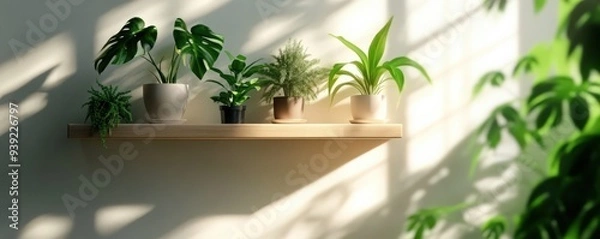 Fototapeta A serene display of houseplants on a wooden shelf, basking in natural light and shadows for a calming interior vibe.