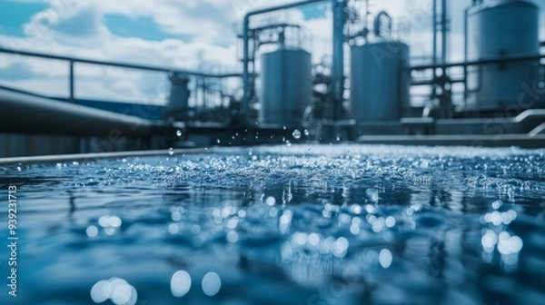 Fototapeta Industrial water treatment plant with a focus on clean water filtration and purification processes against a cloudy sky backdrop.