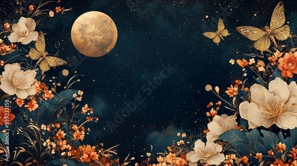 Fototapeta Golden full moon surrounded by flowers and butterflies on a starry night, evoking a magical and serene atmosphere.