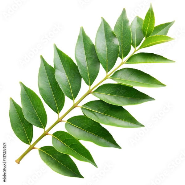 Obraz Fresh Curry Leaves Isolated on a Clean White Background for Culinary and Herbal Uses