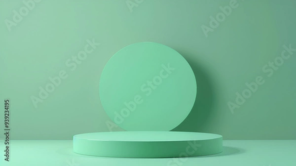 Fototapeta Minimal scene with green podium and mint leaves ,3d light green promo showcase podium mock up for cosmetic show realistic 