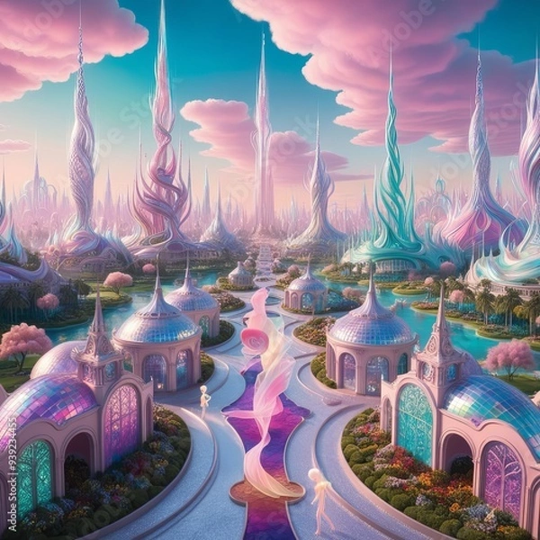 Obraz A whimsical landscape with a flowing river, pink flowers, trees, mountains, and a moon/ a dream realm environment illustration background