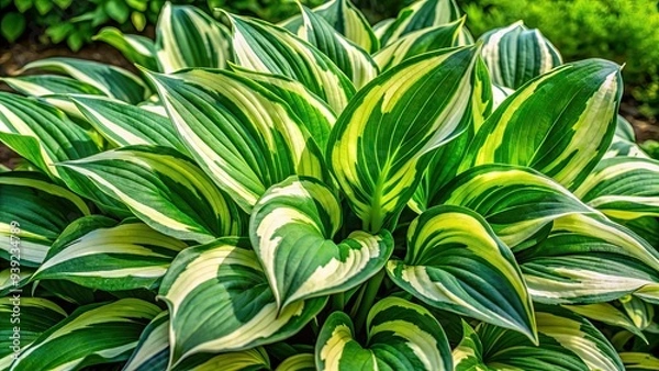Fototapeta Vibrant green and white variegated Patriot hosta leaves sprout from the ground amidst a backdrop of lush summer foliage in a serene outdoor setting.
