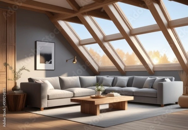 Obraz Gray attic living room interior with sofa. 3d rendering