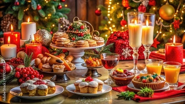 Fototapeta Vibrant holiday gathering featuring a diverse array of festive dishes, sweet treats, and sparkling beverages on a beautifully decorated tablecloth surrounded by candles and ornaments.