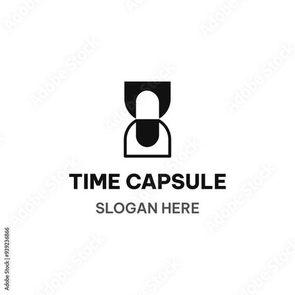 Obraz Time capsule logo template in simple flat style. Hourglass and pill vector illustration