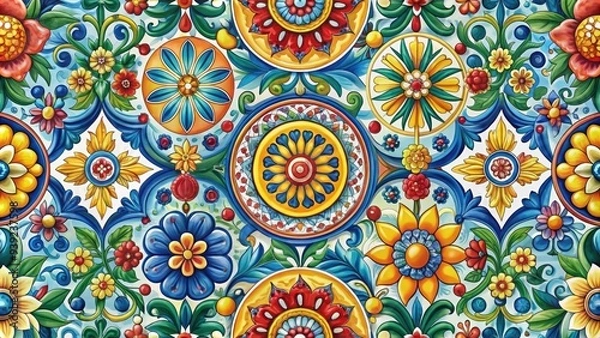 Fototapeta Vibrant illustration of Italian-inspired pattern featuring classic motifs, including florals, stripes, and geometric shapes, in a colorful and whimsical Mediterranean style.