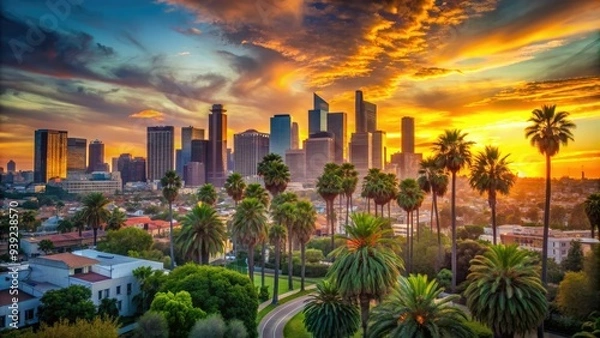 Fototapeta Vibrant Los Angeles cityscape at sunset, featuring sleek skyscrapers, lush green palm trees, and a warm orange glow casting a tranquil atmosphere.