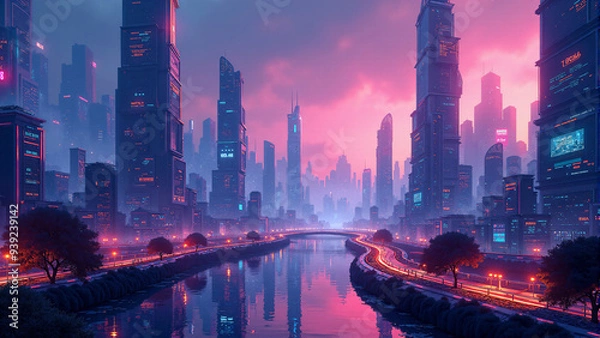 Obraz Futuristic Cityscape with Neon Lights. A Sci-Fi urban atmosphere.