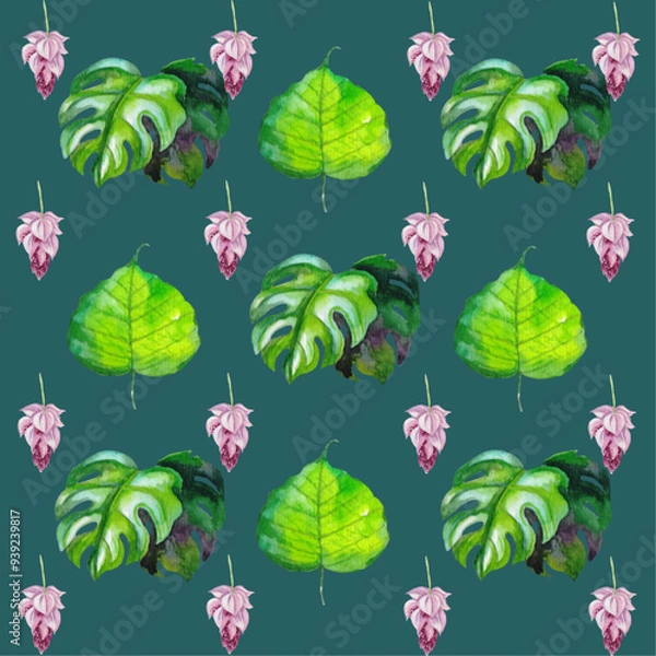 Fototapeta Hawaiian Watercolor Vector Flowers Seamless Pattern. Hand Painted Hawaii Textile Design. Jungle Botanical Texture. Summer Clothes Watercolor Flowers Vector Pattern. Retro Seamless Floral Illustration.