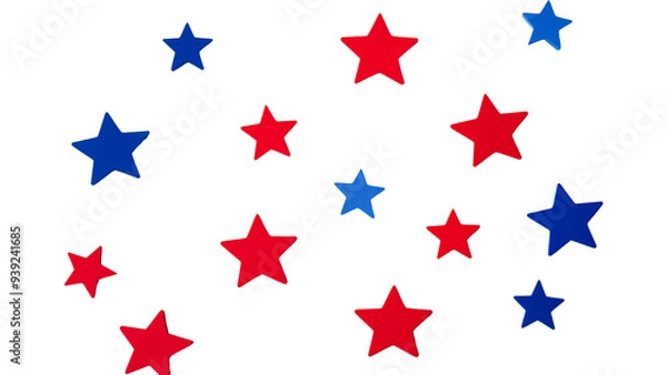Fototapeta A patriotic array of scattered red, white, and blue stars on a clean white backdrop....