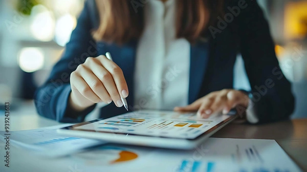 Fototapeta Close-up of a woman's hand pointing at a tablet screen with a stylus pen, analyzing business charts and graphs.