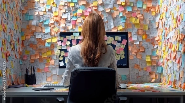 Obraz A woman at her desk is immersed in work, surrounded by colorful sticky notes