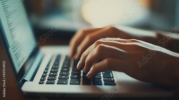 Fototapeta Close-up of hands typing on a laptop keyboard.