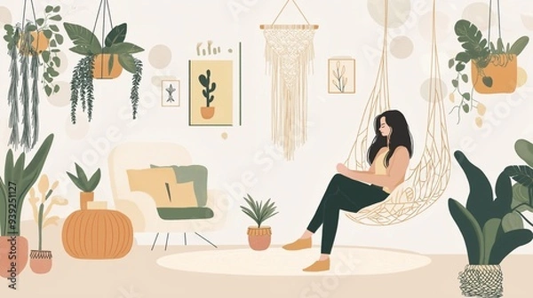 Fototapeta A woman is sitting in a hammock in a room full of plants. The room is decorated with various potted plants and a vase. The woman is enjoying her time in the room, Generative ai illustration.